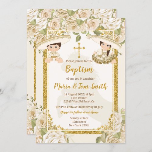 White Floral Baptism Fiesta Twin Boy and Girl Invitation
