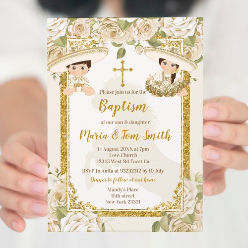 White Floral Baptism Fiesta Twin Boy and Girl Invitation