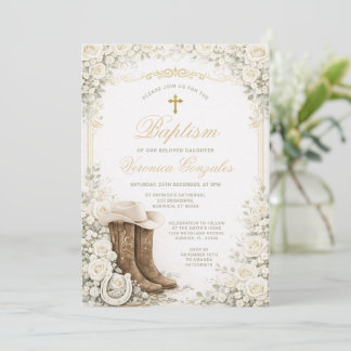 White Floral Baptism Invite with Cowboy Boots