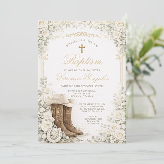 White Floral Baptism Invite with Cowboy Boots (Standing Front)