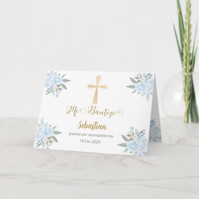 White floral Baptism spanish Thank You Card (Front)