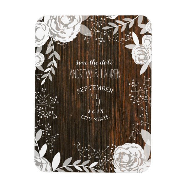 White Floral Barnwood Inspired Save The Date Magnet (Vertical)