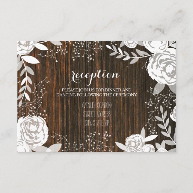 White Floral Barnwood Inspired Wedding Reception Enclosure Card (Front)