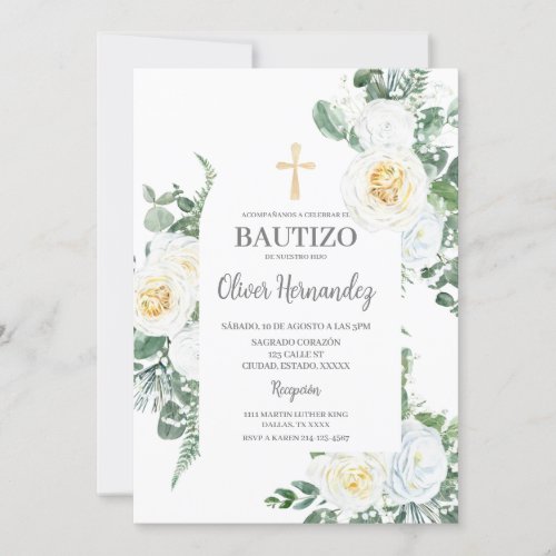 White Floral Bautizo Spanish Invitation