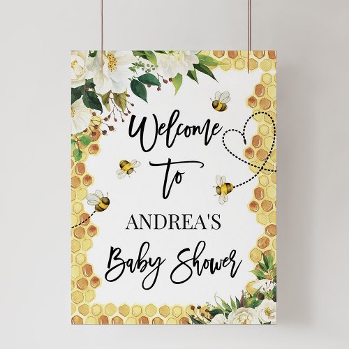 White Floral Bee Baby Shower Welcome Sign