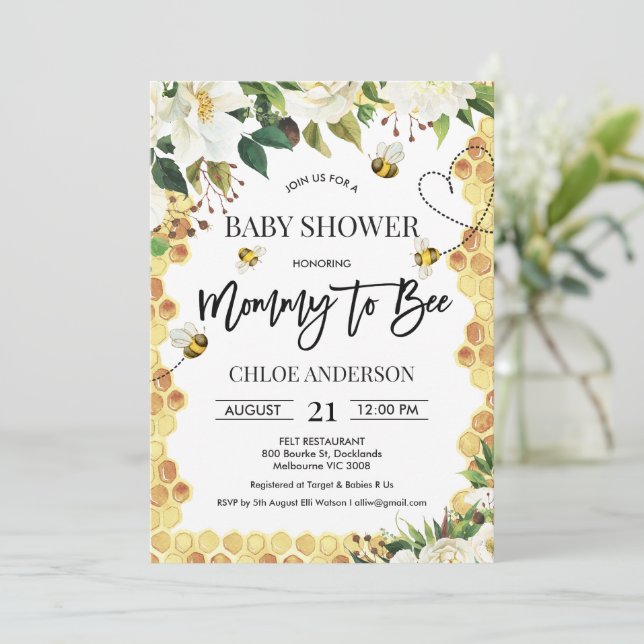 White Floral Bee Themed Baby Shower Invitation (Standing Front)