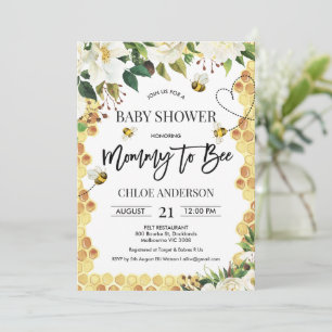 White Floral Bee Themed Baby Shower Invitation
