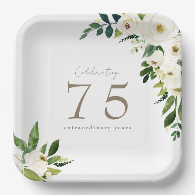 White Floral Birthday Paper Plates (Front)