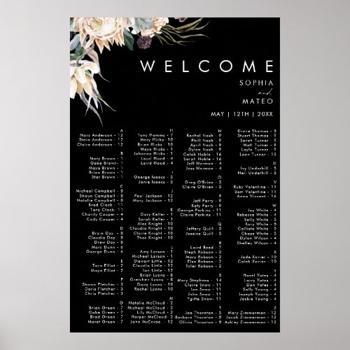 White Floral  Black Alphabetical Seating Chart