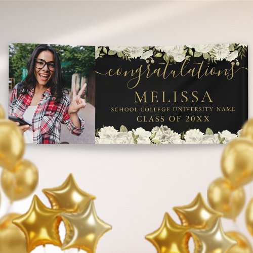 White Floral Black And Gold Photo Graduation Banner