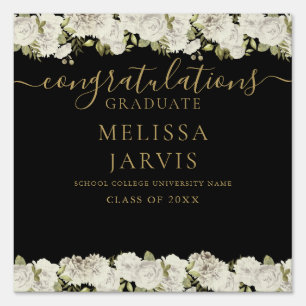 White Floral Black And Gold Script Graduation Sign