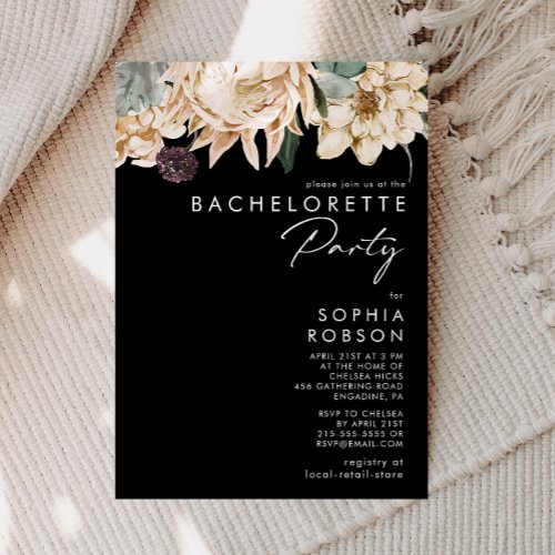 White Floral  Black Bachelorette Party Invitation