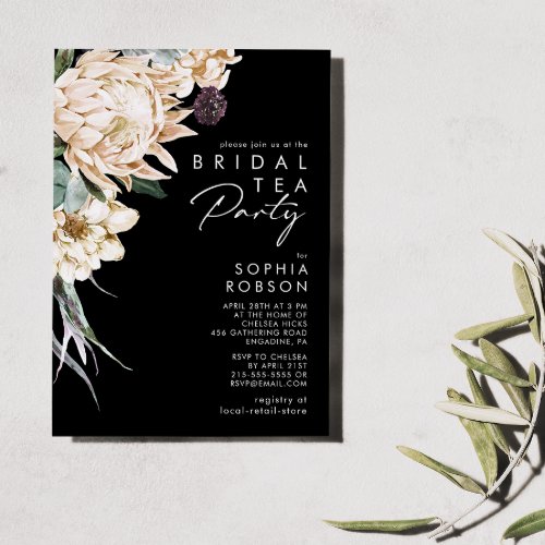 White Floral  Black Bridal Tea Party Invitation