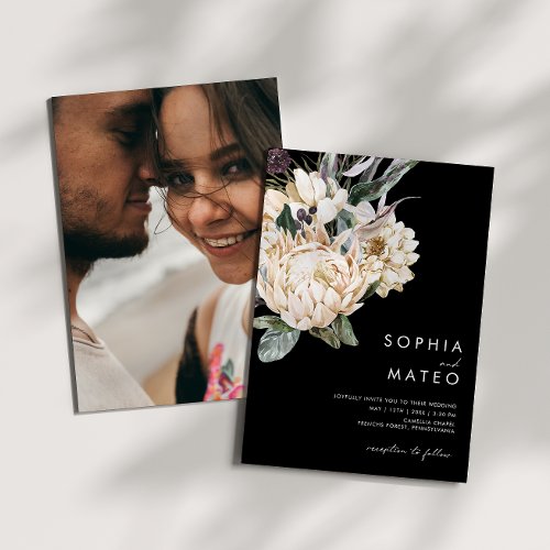 White Floral  Black Casual Photo Wedding Invitation