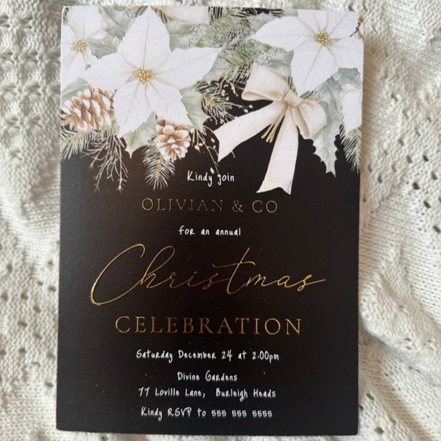 White Floral Black Corporate Christmas Party Gold Foil Invitation (Creator Uploaded)