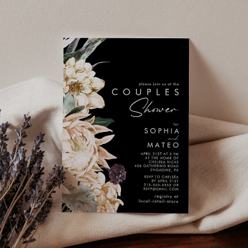 White Floral  Black Couples Shower Invitation