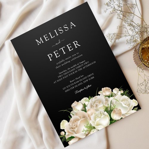White Floral Black Elegant Minimalist  Wedding Invitation