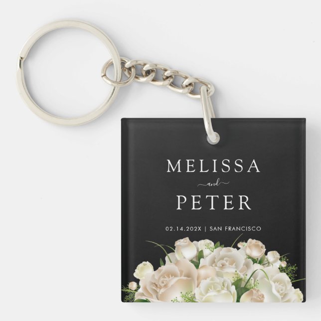 White Floral Black Elegant Minimalist  Wedding Keychain (Front)
