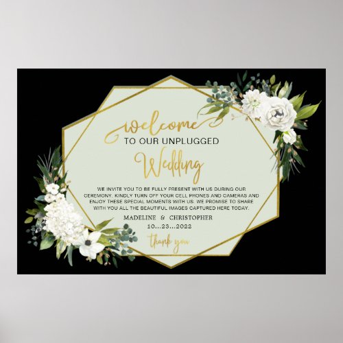 White Floral Black Gold Wedding Names Unplugged Poster