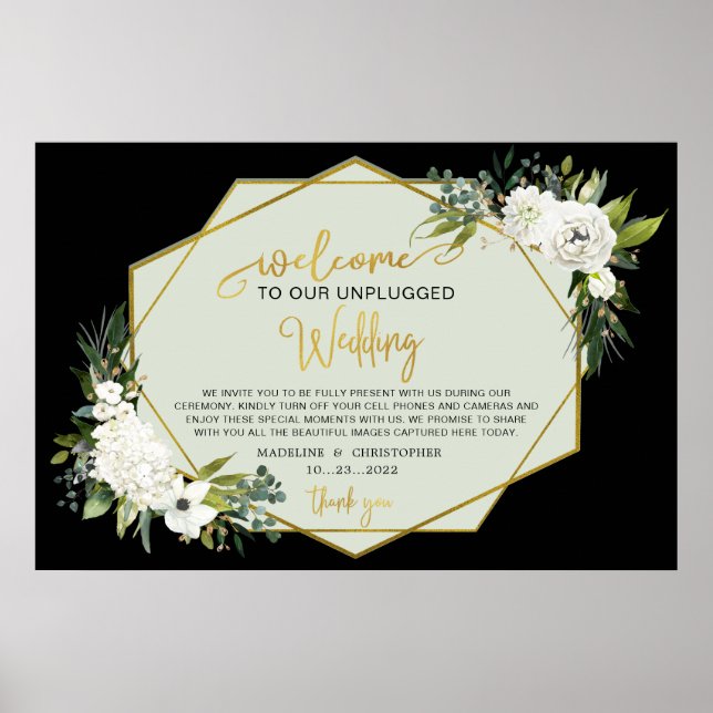 White Floral Black Gold Wedding Names Unplugged Poster (Front)
