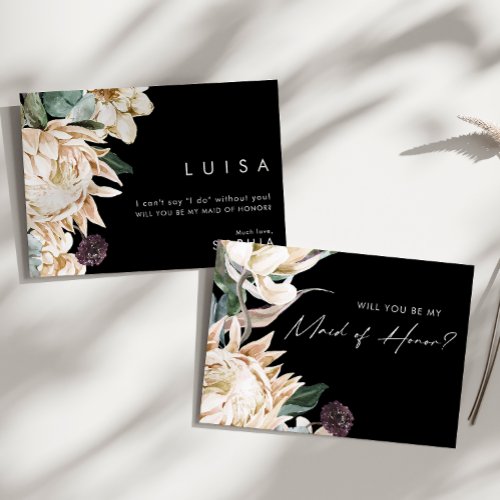 White Floral Black  Maid Of Honor Proposal Card