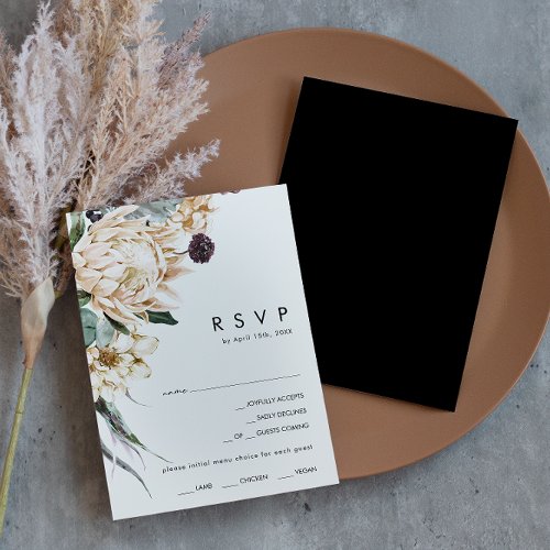White Floral  Black Menu Choice RSVP Card