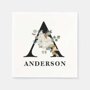 White Floral Black Monogram A Napkins