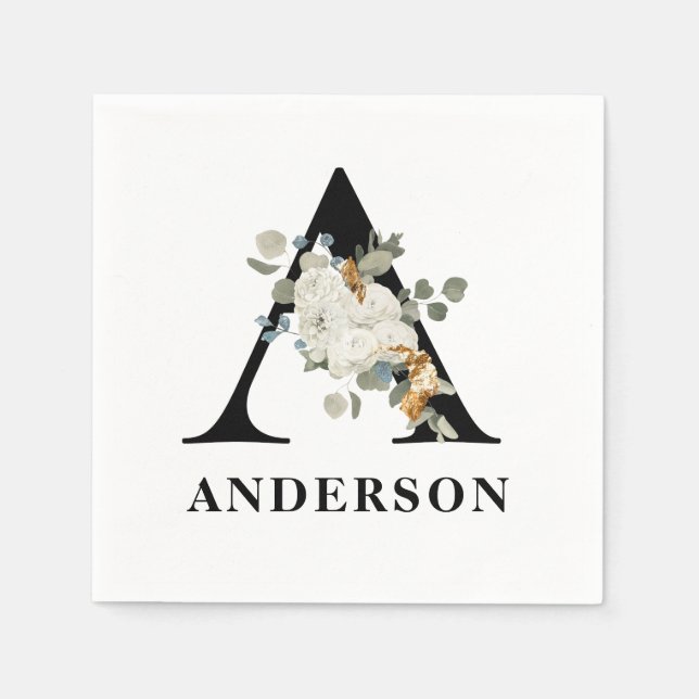 White Floral Black Monogram A Napkins (Front)