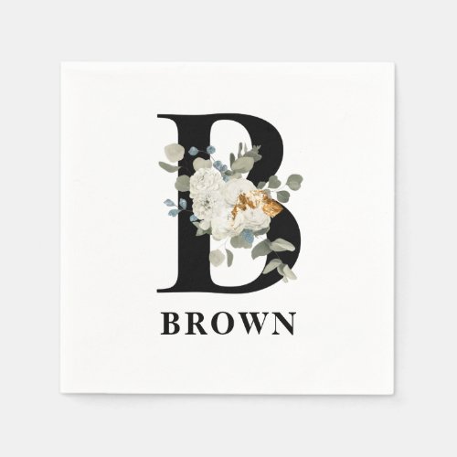 White Floral Black Monogram B Napkins