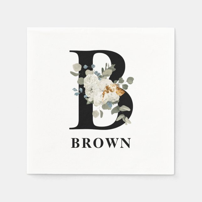 White Floral Black Monogram B Napkins (Front)