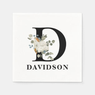 White Floral Black Monogram D Napkins