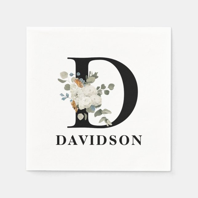 White Floral Black Monogram D Napkins (Front)