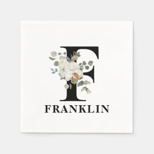 White Floral Black Monogram F Napkins