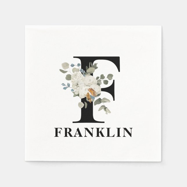 White Floral Black Monogram F Napkins (Front)