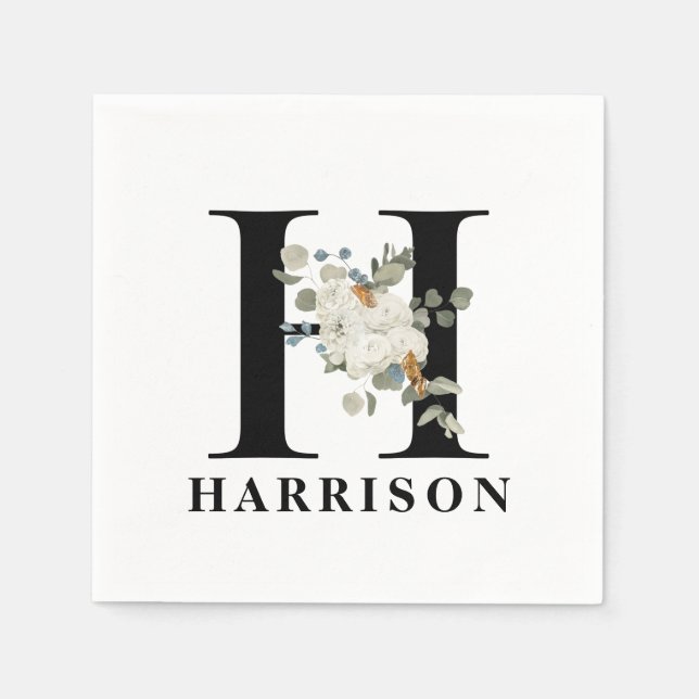 White Floral Black Monogram H Napkins (Front)