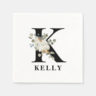 White Floral Black Monogram K Napkins