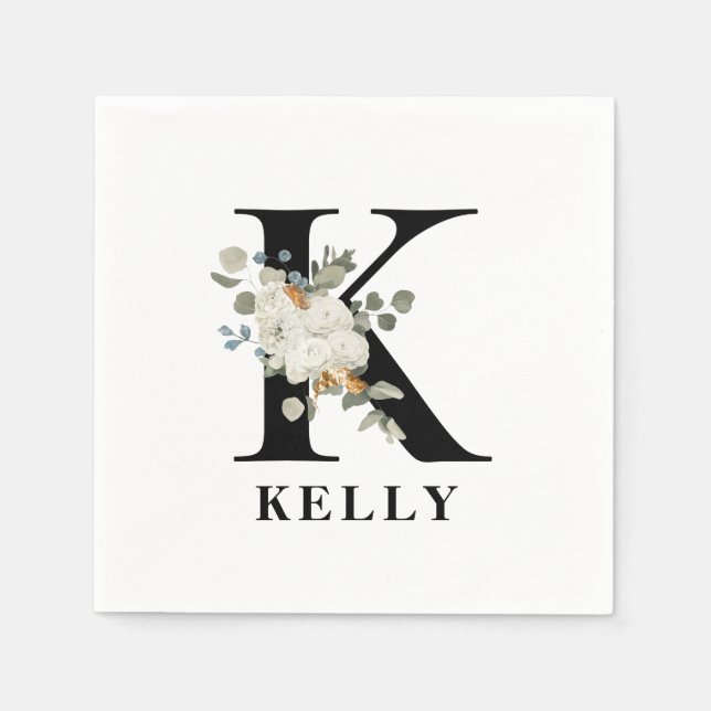 White Floral Black Monogram K Napkins (Front)