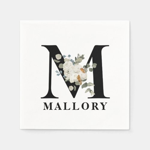 White Floral Black Monogram M Napkins