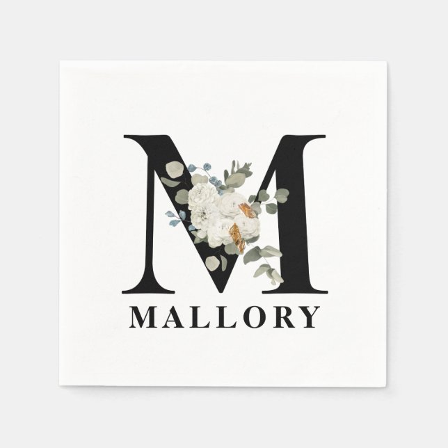 White Floral Black Monogram M Napkins (Front)