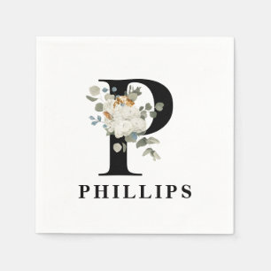 White Floral Black Monogram P Napkins
