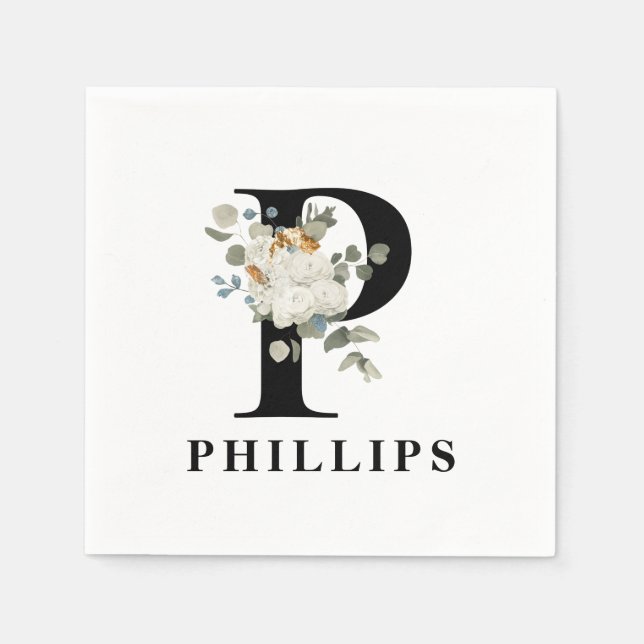White Floral Black Monogram P Napkins (Front)