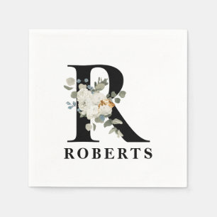 White Floral Black Monogram R Napkins