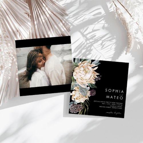 White Floral  Black Photo Square Wedding Invitation