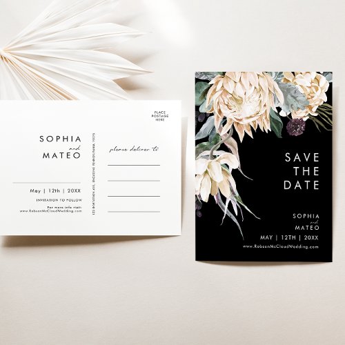 White Floral  Black Save The Date Postcard