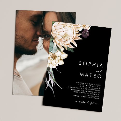 White Floral  Black Traditional Photo Wedding Invitation