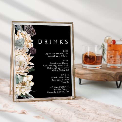 White Floral  Black Wedding Drinks Sign