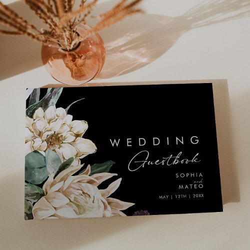 White Floral  Black Wedding Guest Book