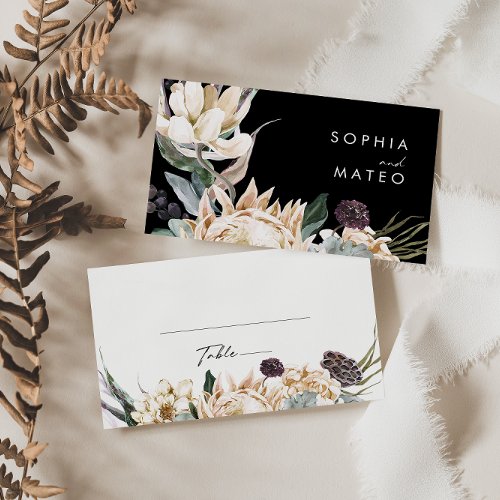 White Floral  Black Wedding Place Card