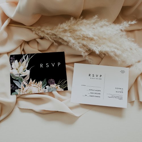 White Floral  Black Wedding RSVP Postcard