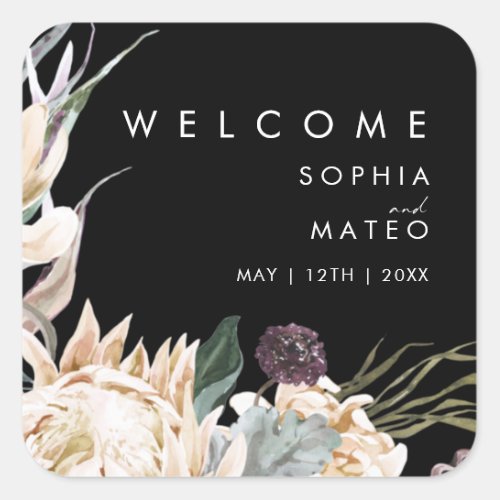 White Floral  Black Wedding Welcome Square Sticker